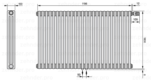 Схема (чертеж) Радиатор Zehnder Charleston 3180/26 №V008 Technoline TL